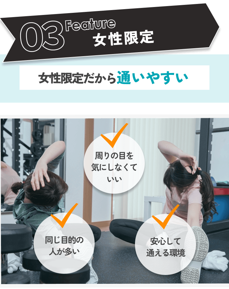 03 Feature 女性限定：女性限定だから通いやすい。周囲の目を気にしなくていい、同じ目的の人がいる、安心して通える。