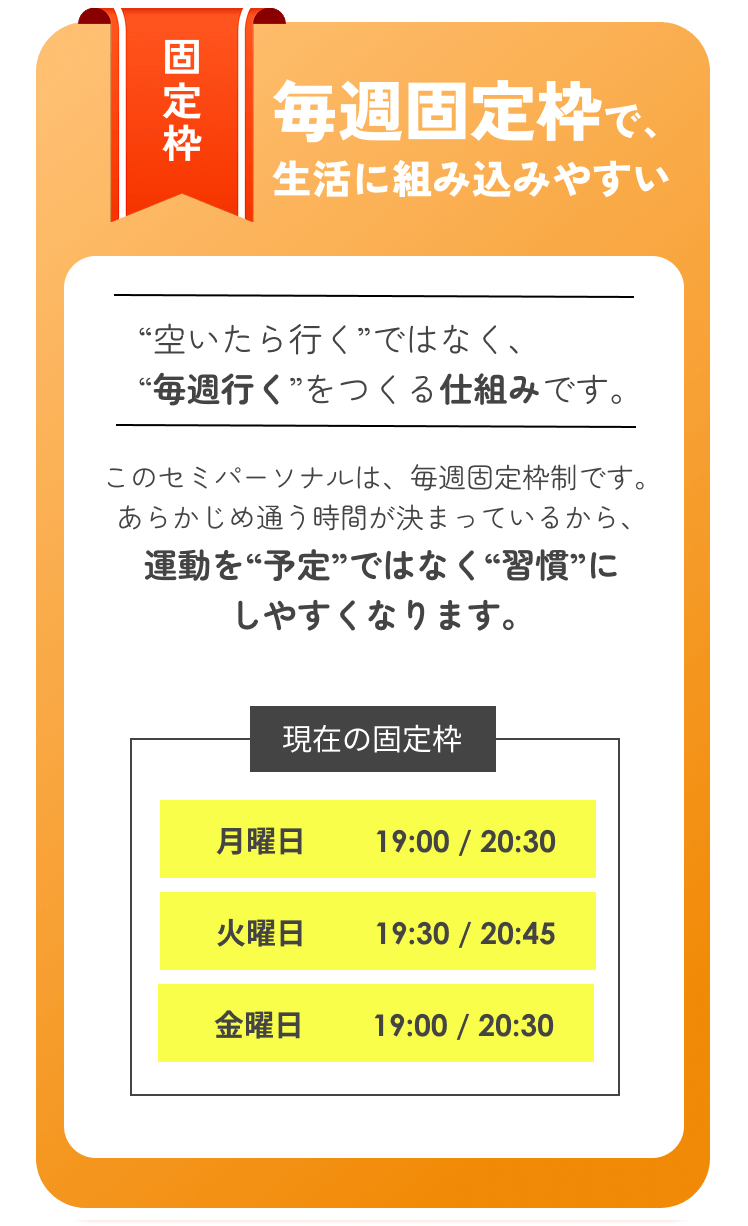 毎週固定枠で生活に組み込みやすい仕組みの解説。運動を予定ではなく習慣にしやすくするための現在の固定枠スケジュール（月曜19:00/20:30、火曜19:30/20:45、金曜19:00/20:30）の案内